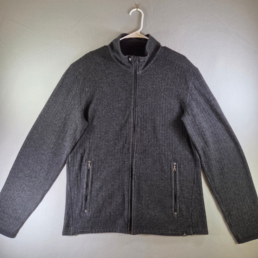 Prana Barclay Mens Large Gray Wool Blend Ribbed Full Zip Fleece Lined Jacket